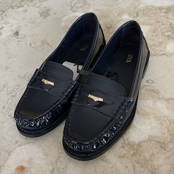 NWT Zara Classic Penny Loafers Blue Patent Faux Leather - Picture 5 of 10